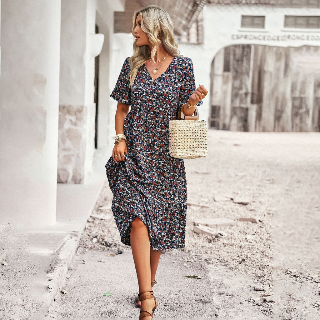 Damen Midi-Kleid mit Floralem Muster und Verspieltem V-Ausschnitt