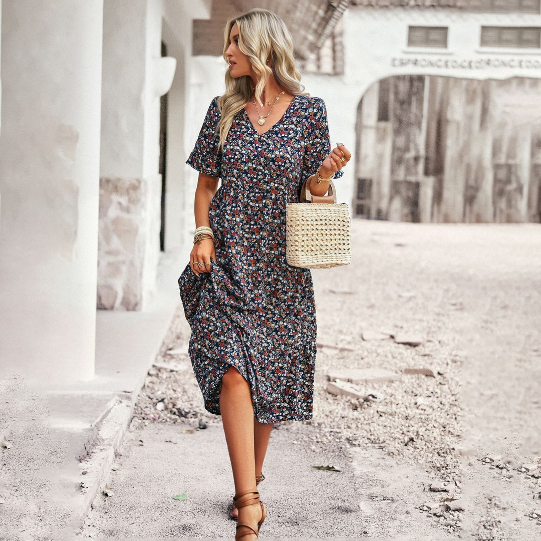 Damen Midi-Kleid mit Floralem Muster und Verspieltem V-Ausschnitt