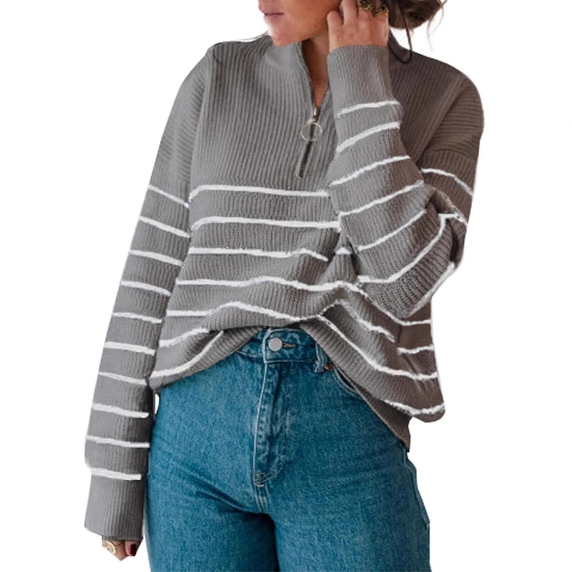 Damen lässiger Pullover mit kurzem Reißverschluss und Streifenmuster