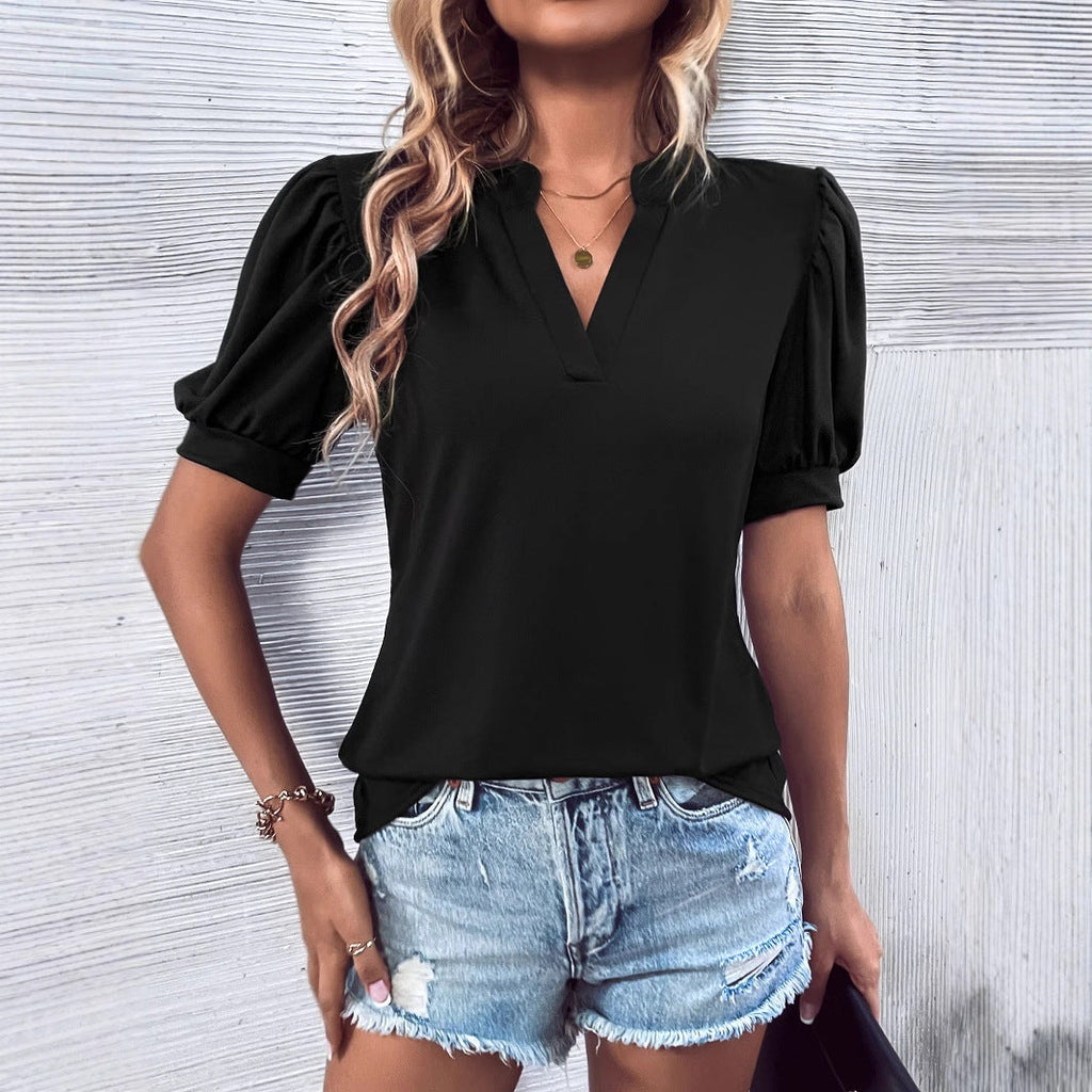 Damen elegantes Blusenshirt mit Puffärmel und V-Ausschnitt