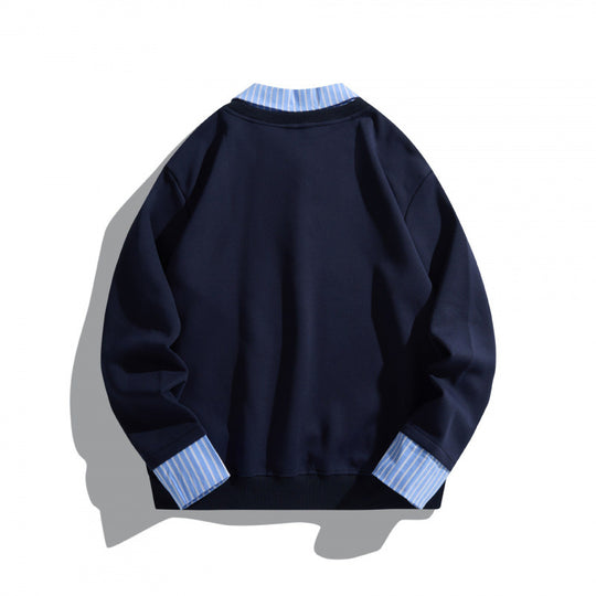 Unisex Lagenlook Sweatshirt mit V-Ausschnitt, integriertem Hemdkragen und gestreiften Manschetten Shop Nory