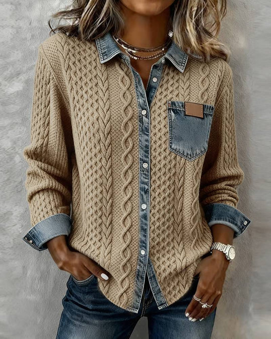 Damen nan geflochtener Strickpullover mit integriertem Jeanskragen und Brusttasche Shop Nory