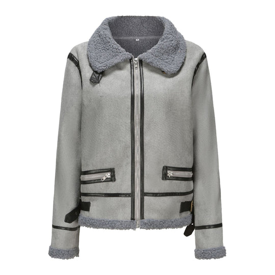Damen Kurz geschnittene Aviator Lammfell‑Imitatjacke mit Teddyfutter und Kunstlederbesatz Shop Nory