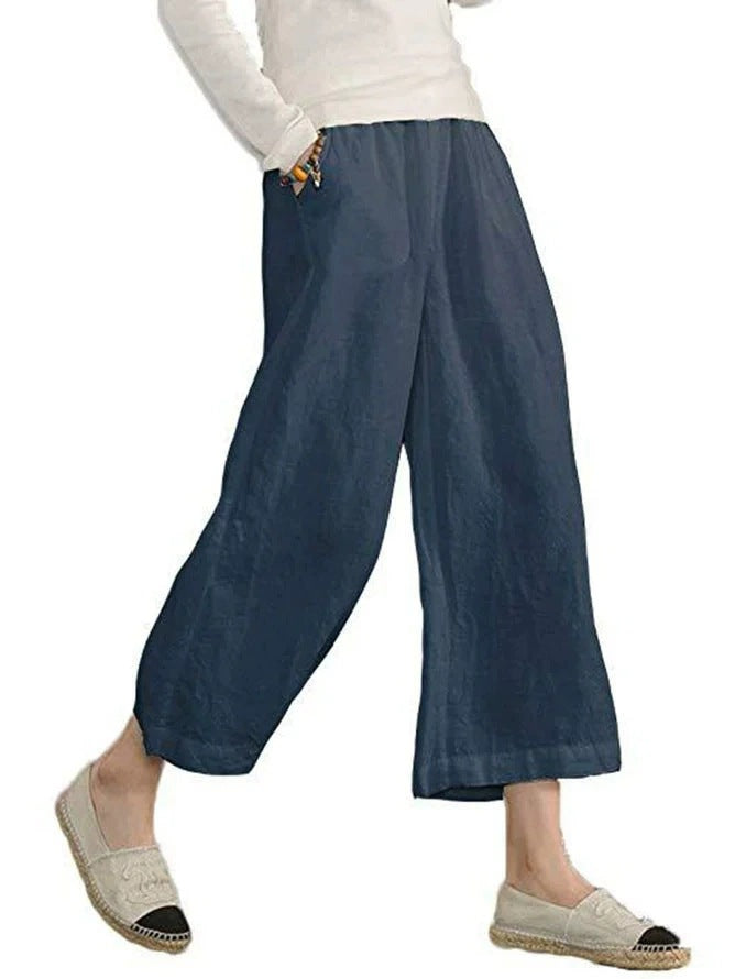 Damen weite Leinenhose mit seitlichen Taschen und elastischem Bund
