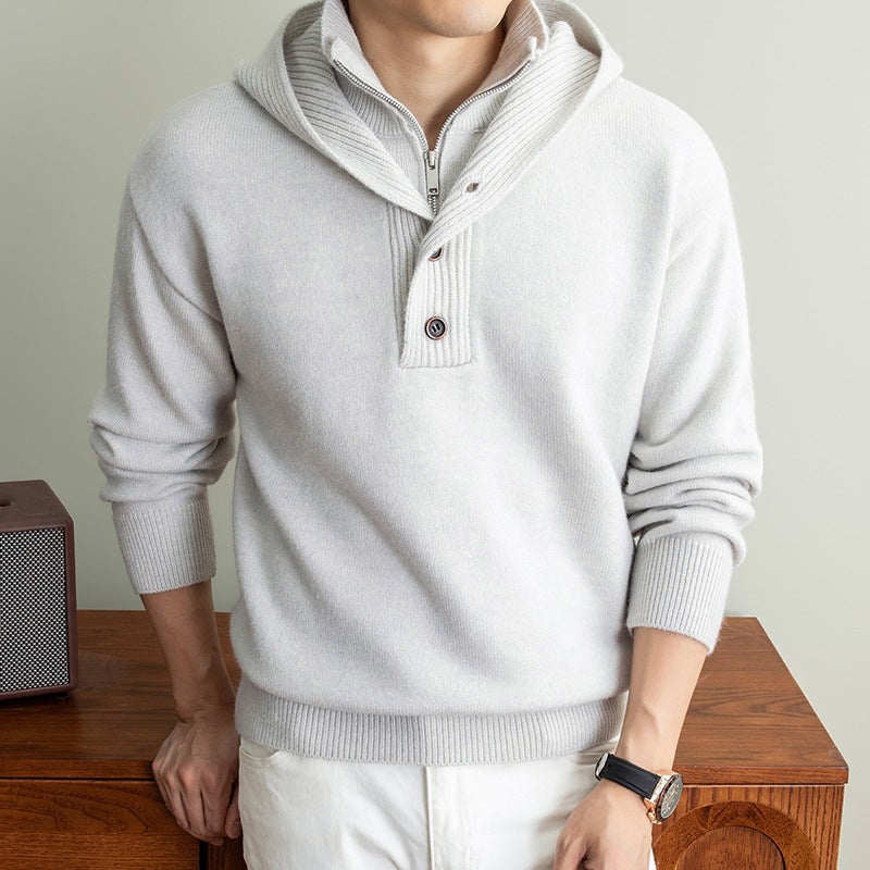Herren Feinstrick-Kapuzenpullover mit halbem Reißverschluss und Knopfblende Shop Nory