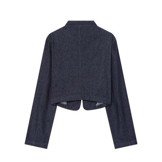 Damen Cropped Denim‑Militärjacke mit Stehkragen und dekorischer Zierknopfleiste Shop Nory