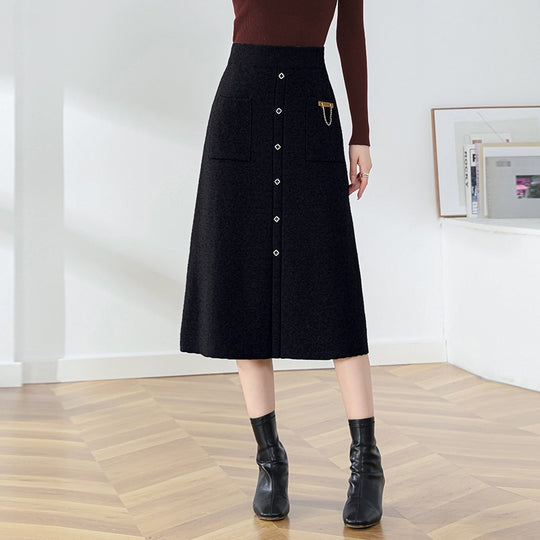 Damen Eleganter, gefütterter Knopf-Midirock Shop Nory
