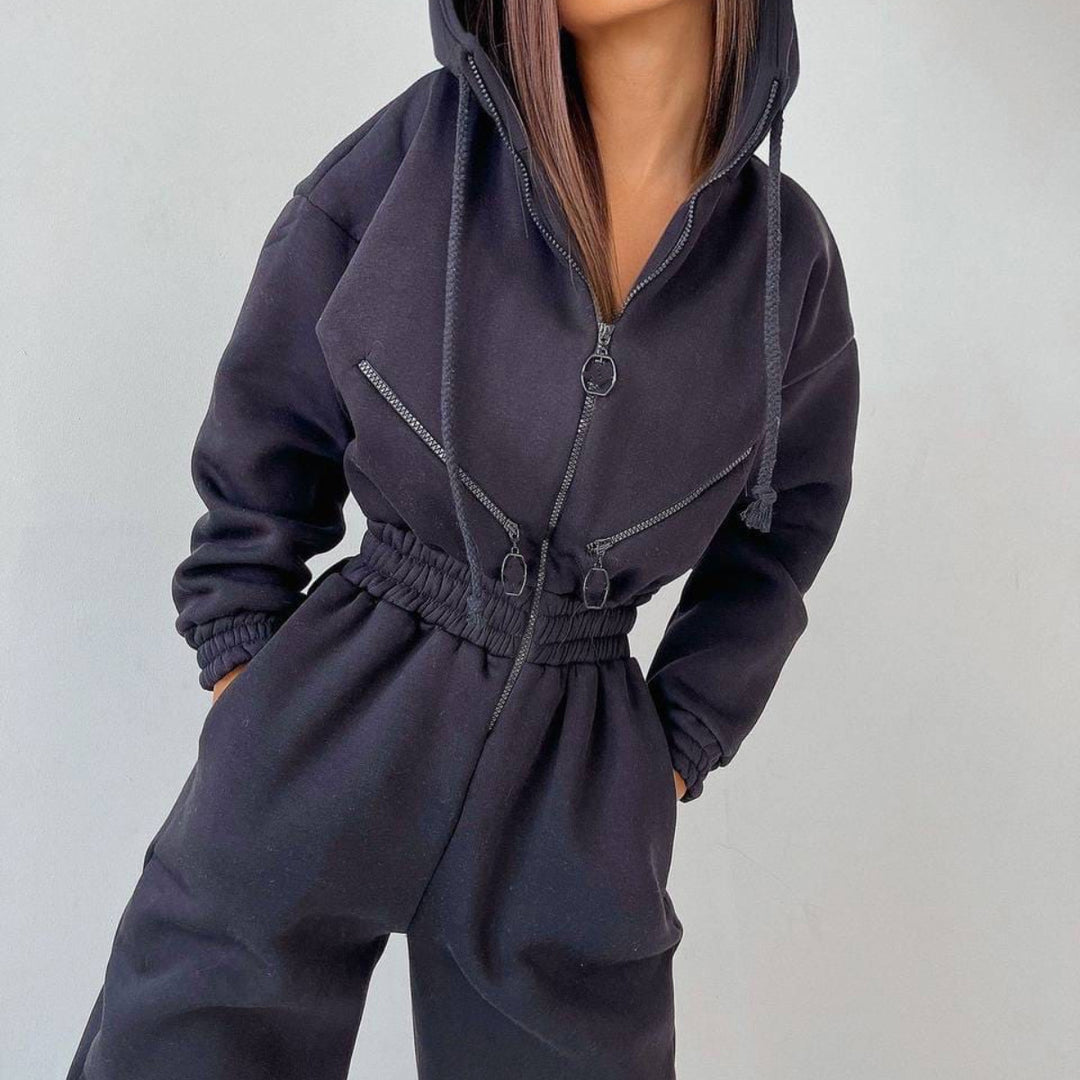 Damen taillierter Kapuzen-Jumpsuit mit elastischem Bund und markanten Kontrast-Reißverschlüssen Shop Nory