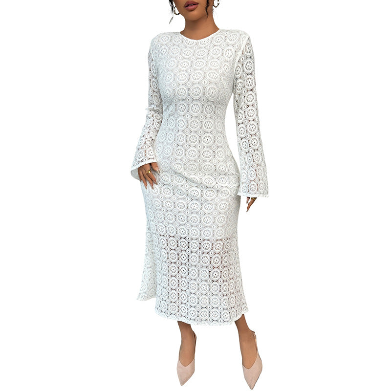 Damen Midikleid aus gehäkelter Spitze mit Trompetenärmeln Shop Nory