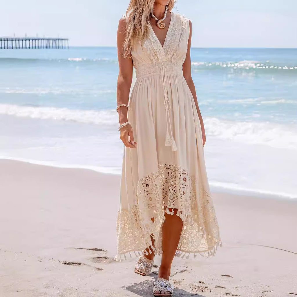 Damen Bohemian Maxikleid mit Spitzen- und Rüschendetails Shopnory