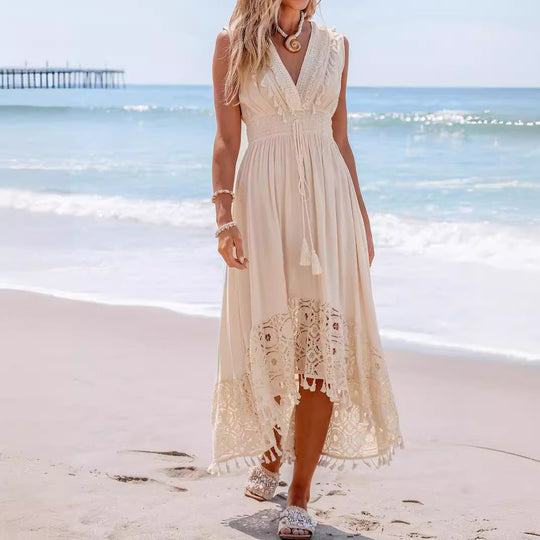 Damen Bohemian Maxikleid mit Spitzen- und Rüschendetails Shopnory