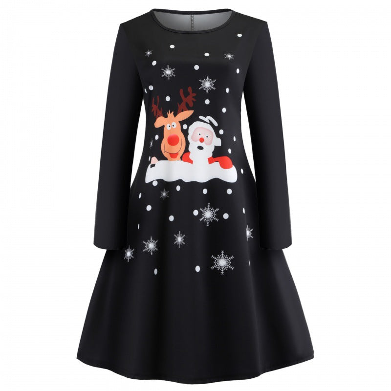 Damen Festliches A-Linien-Kleid mit Weihnachtsprint, Langarm und ausgestelltem Rock Shop Nory
