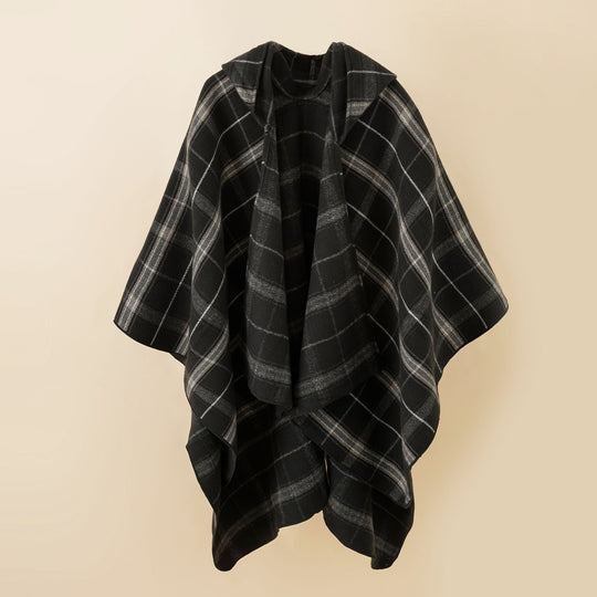 Damen Kapuzen-Poncho mit Karomuster, weichfallender Wollmix und offenem Oversize-Fall Shop Nory
