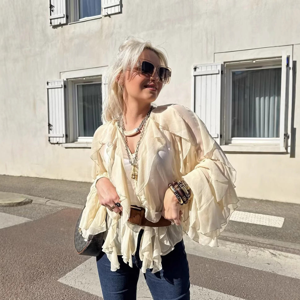 Damen nan feminine Chiffon-Volantbluse mit Ballonärmeln und V-Ausschnitt