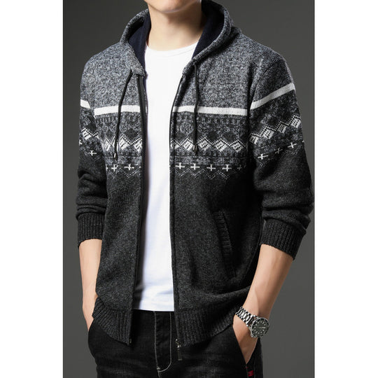Herren Strick-Zip-Hoodie mit Norwegermuster, Kapuze und Eingrifftaschen Shop Nory