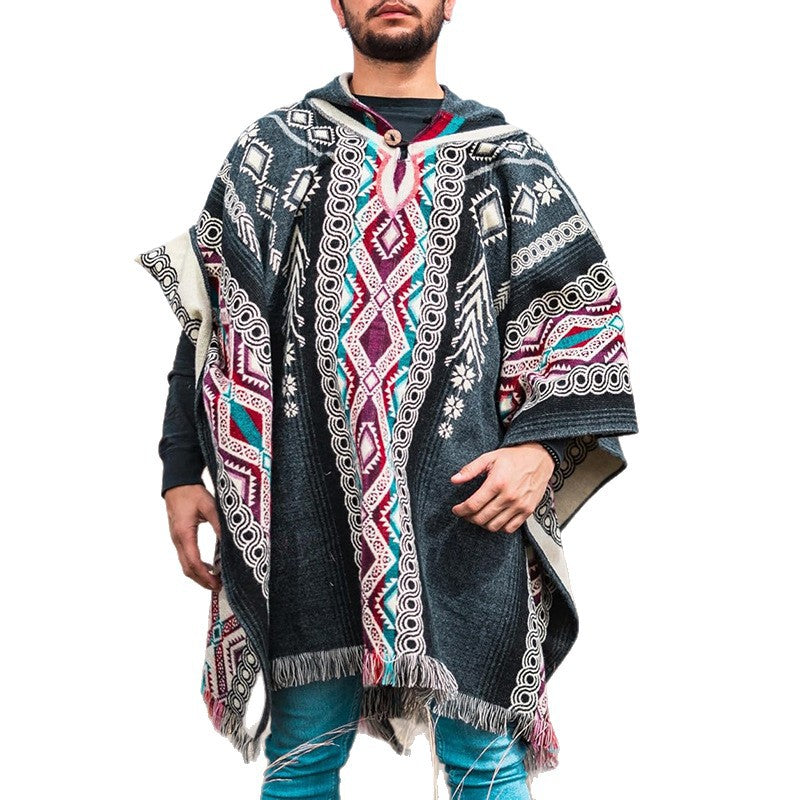Herren Kapuzenponcho aus Wollmix mit Fransen und Ethno‑Jacquardmuster Shop Nory