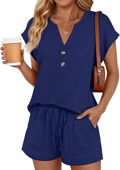 Damen Lässiges zweiteiliges Lounge-Set mit Knopfleiste, Kordelzugshorts und Eingrifftaschen Shop Nory