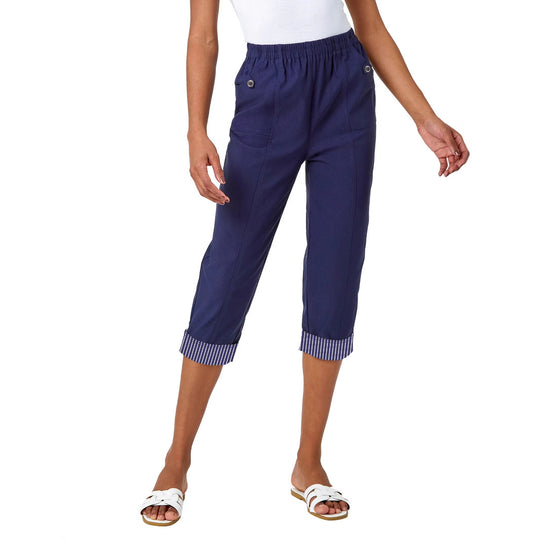 Damen Cropped Capri-Hose mit elastischem Bund, aufgesetzten Taschen und kontrastiertem Umschlag Shop Nory