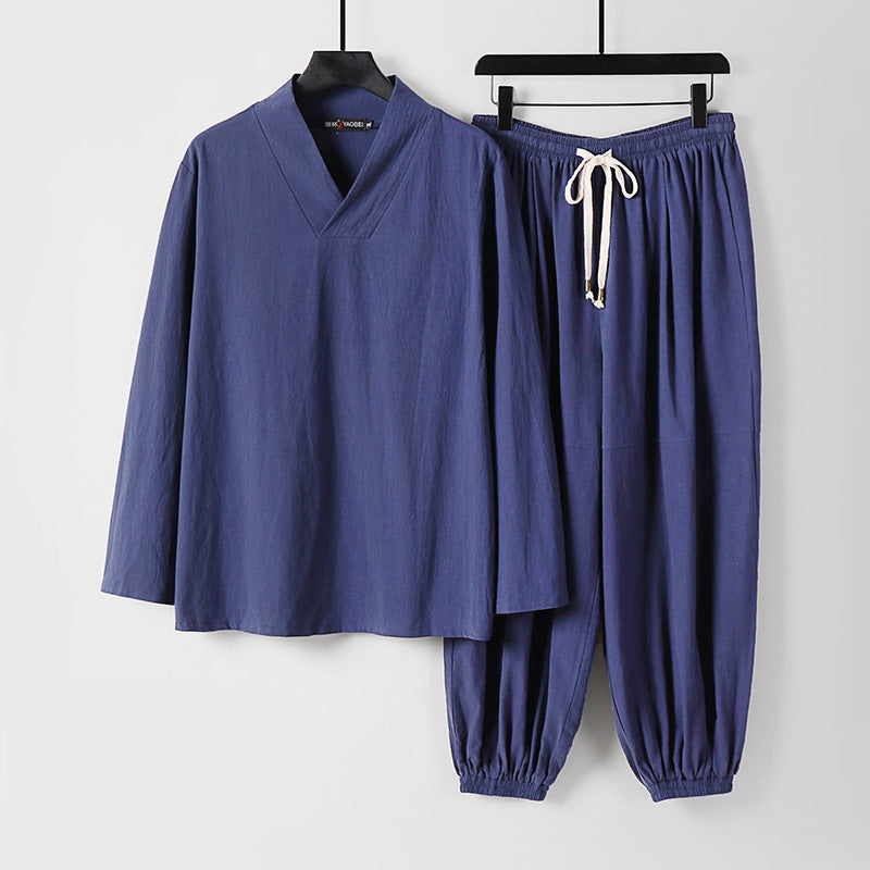 Herren Lockeres Leinen-Loungewear-Set mit V-Ausschnitt elastischem Bund und gerafften Knöcheln Shop Nory