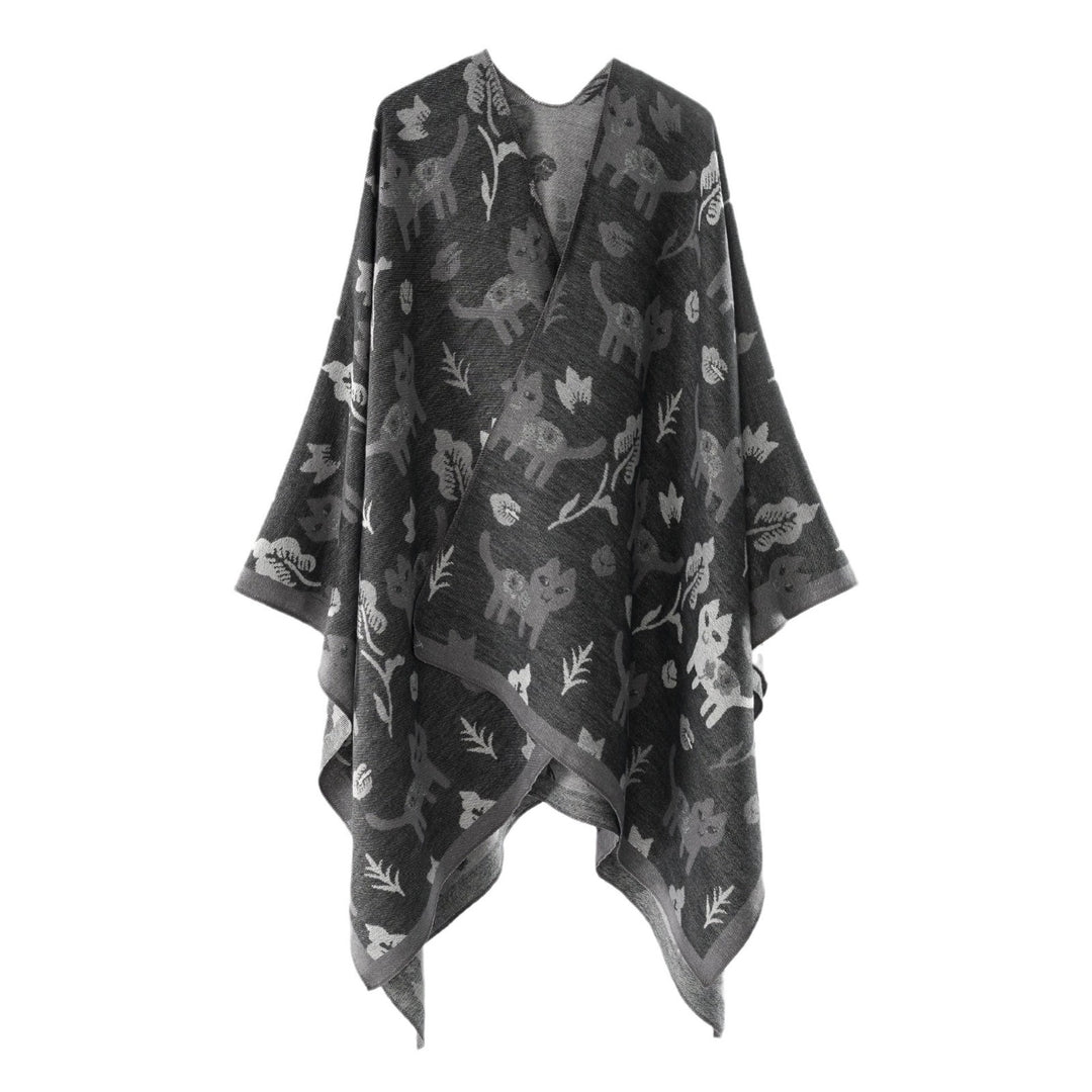 Damen Oversized Ruana im Jacquard mit Katzen- & Blumenmotiv Shop Nory