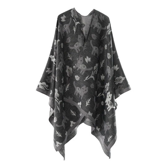 Damen Oversized Ruana im Jacquard mit Katzen- & Blumenmotiv Shop Nory