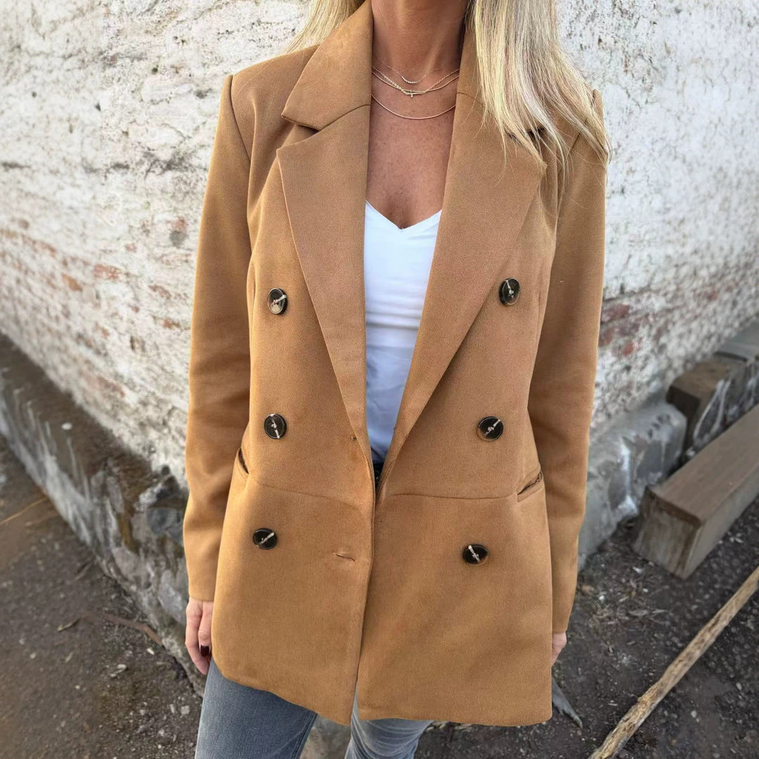 Damen Doppelreihiger Mantel im Velourslook mit Reverskragen Shop Nory