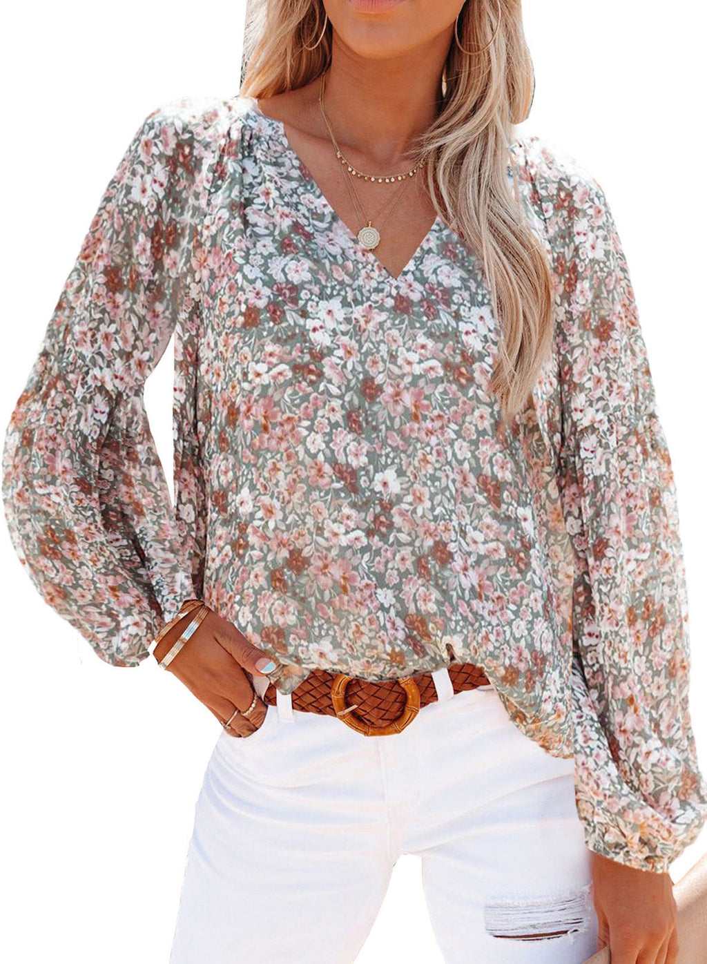 Damen Bluse mit floralen Mustern und V-Ausschnitt