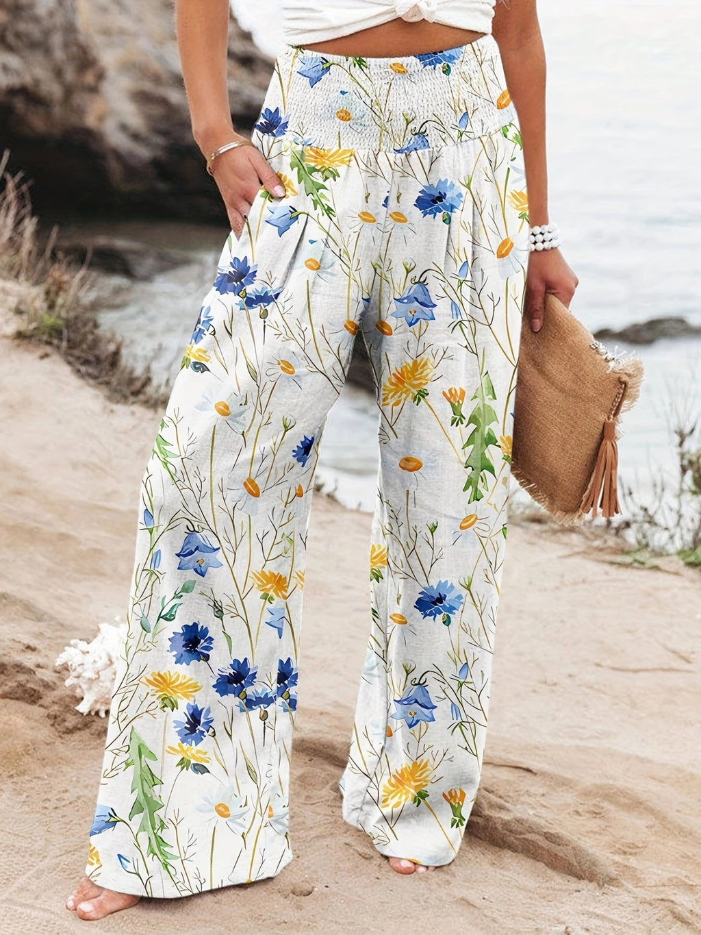 Damen Weit geschnittene Strandhose mit floralem Motiven und elastischem Bund