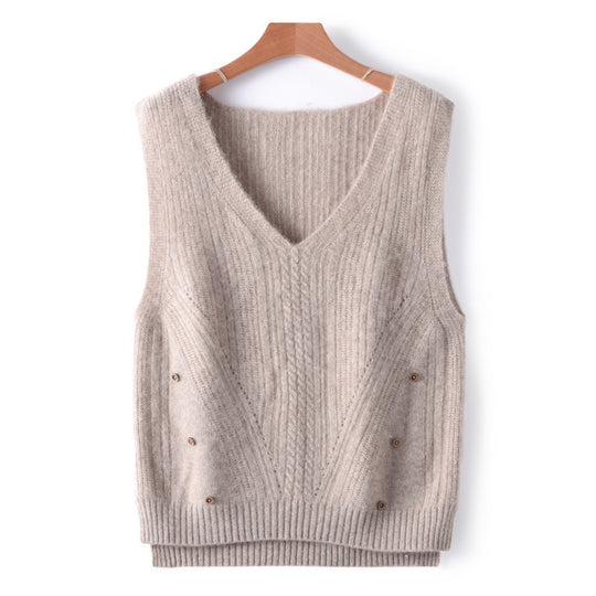Damen Strick-Longweste mit V-Ausschnitt, Zopfmuster und seitlicher Knopfleiste Shop Nory