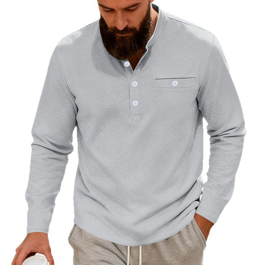 Herren Lässiges Henley-Langarmshirt mit Stehkragen, Brusttasche und abgerundetem Saum Shop Nory
