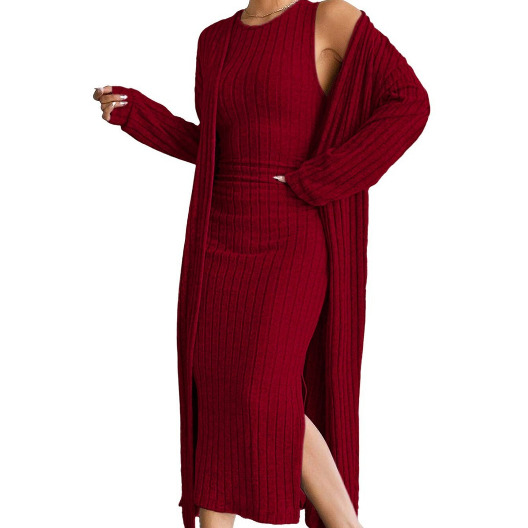 Damen geripptes Midikleid mit figurformendem Bustieroberteil hohem Seitenschlitz und passendem Longcardigan aus Feinstrick Shop Nory