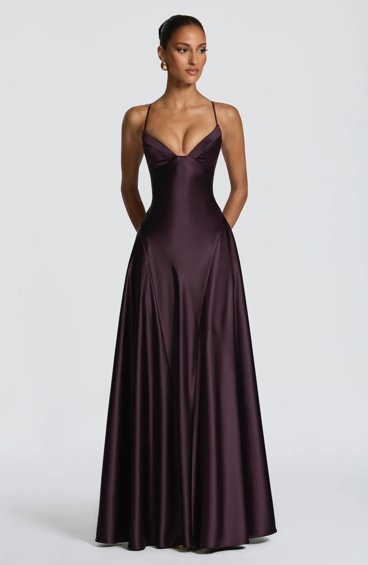 Damen elegantes Satin-Maxikleid mit raffinierten Spaghettiträgern