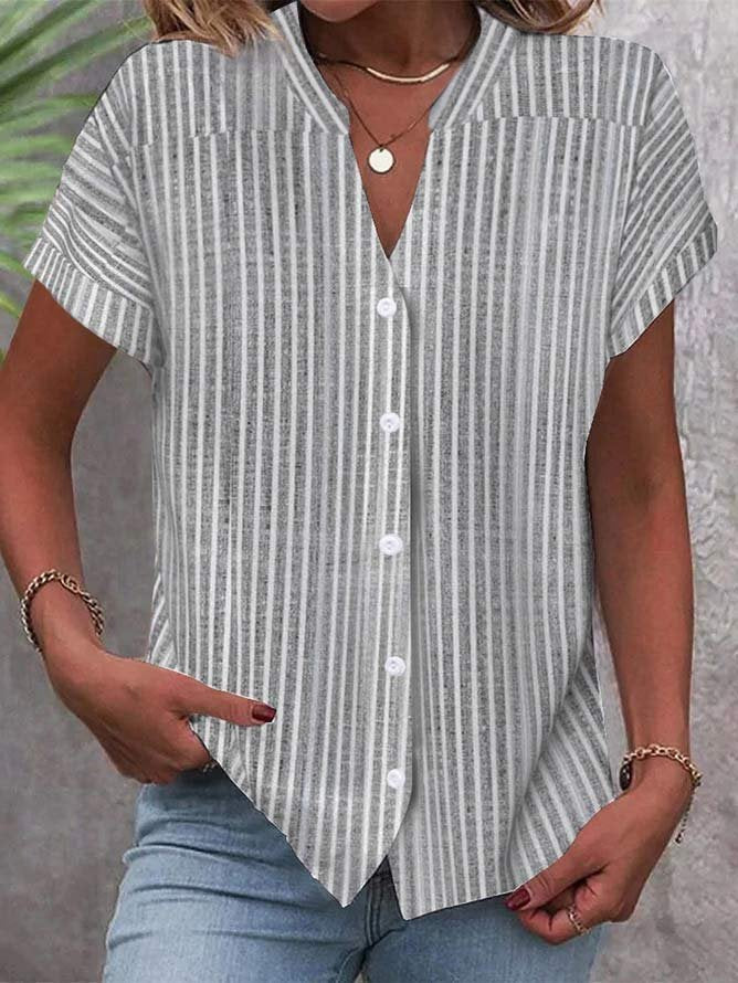 Damen Kurzarm-Bluse mit V-Ausschnitt und Streifenmuster