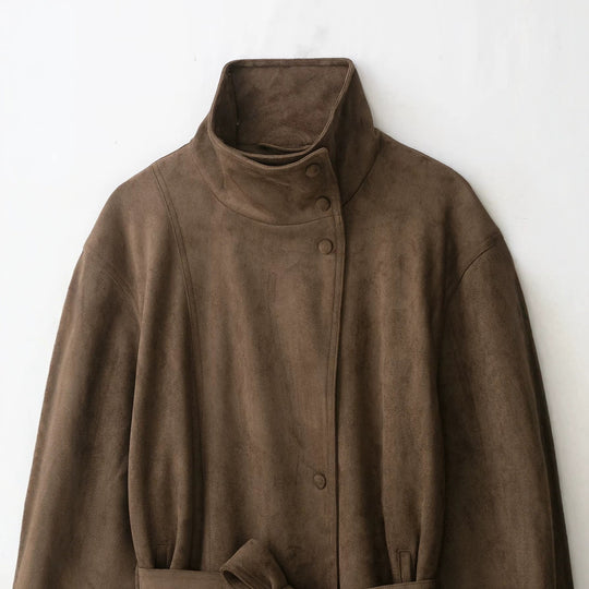 Damen Kurzjacke in Wildlederoptik mit hohem Funnelkragen und Bindegürtel Shop Nory