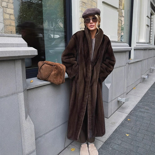 Damen Langer Kunstfellmantel mit Stehkragen und Oversize-Passform Shop Nory