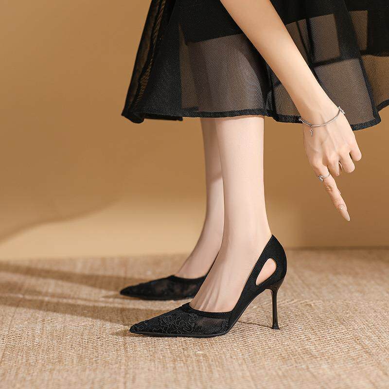 Damen elegante spitze High Heels mit floralem Spitzenmotiv Shopnory