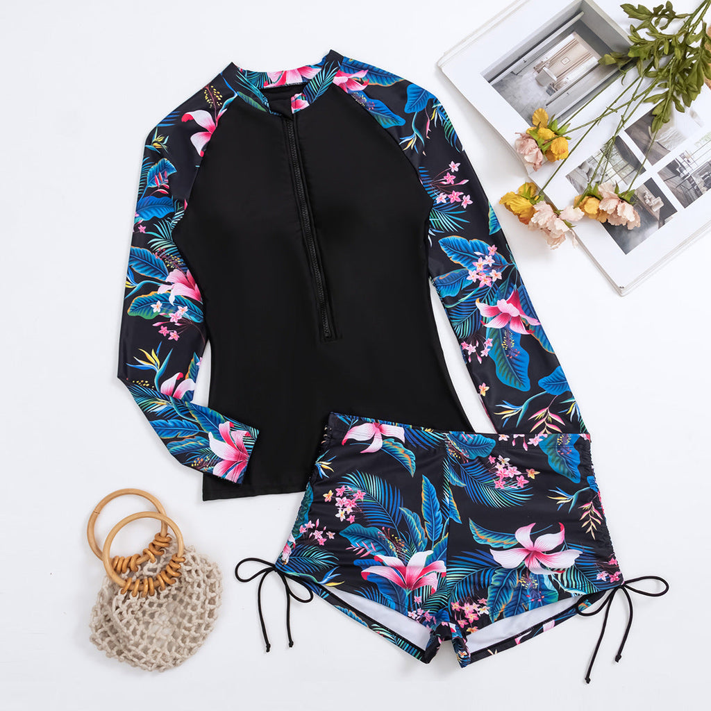 Damen Sportlicher Surf-Look Rashguard mit floralem Design