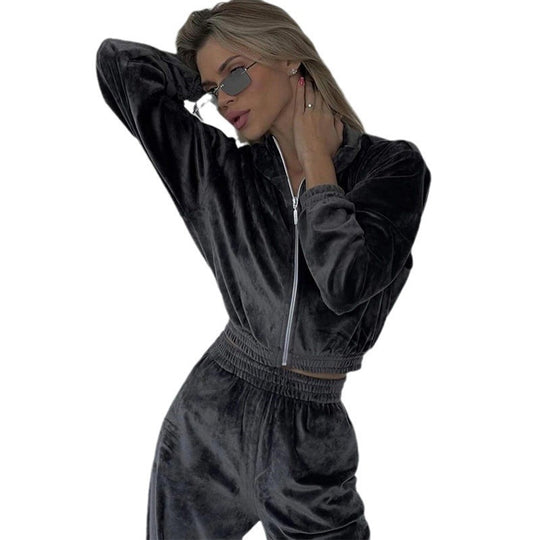 Damen Samt-Loungewear-Set mit kurzem Reißverschluss und geraffter Taillenpartie Shop Nory