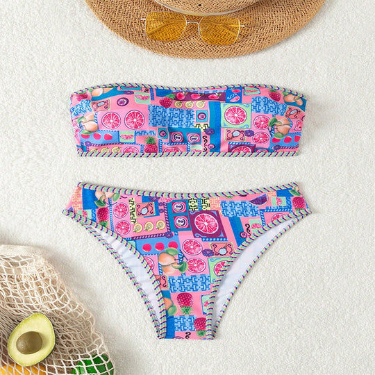 Damen Bandeau-Bikini mit fröhlichem Fruchtmuster