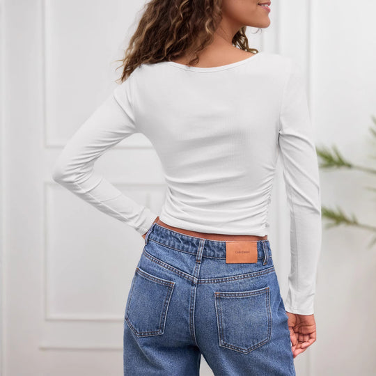 Damen Figurbetontes Langarm-Shirt mit U-Boot‑Ausschnitt und seitlicher Raffung Shop Nory