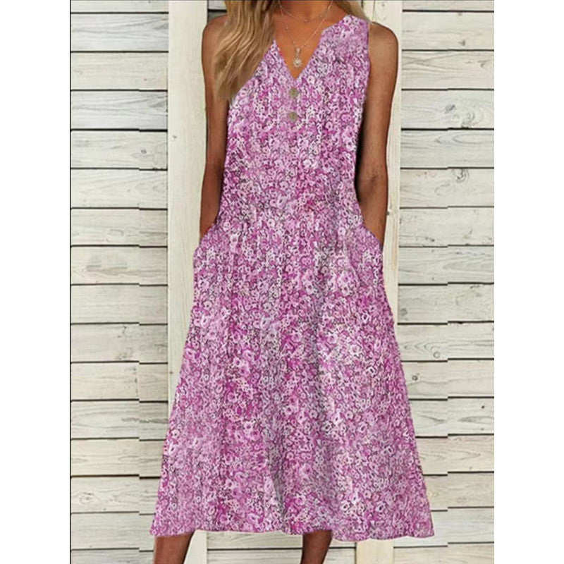 Damen Midi-Kleid mit tiefem V-Ausschnitt, Knopfdetails und praktischen Taschen