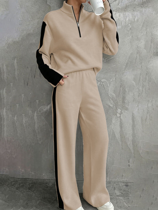 Damen Zweiteiliges Lounge‑Set mit Halbreißverschluss, Kontraststreifen und weitem Palazzo‑Schnitt Shop Nory