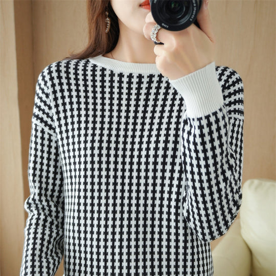 Damen Leichter Strukturstrick-Pullover mit Hahnentritt-Muster und breitem Rippbündchen Shop Nory