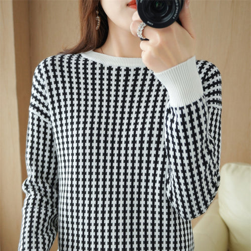 Damen Leichter Strukturstrick-Pullover mit Hahnentritt-Muster und breitem Rippbündchen Shop Nory