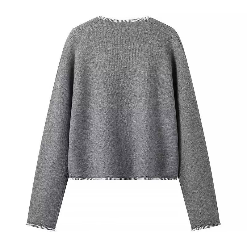 Damen Kurzer V-Ausschnitt Pullover mit Ziernähten und aufgesetzten Taschen Shop Nory