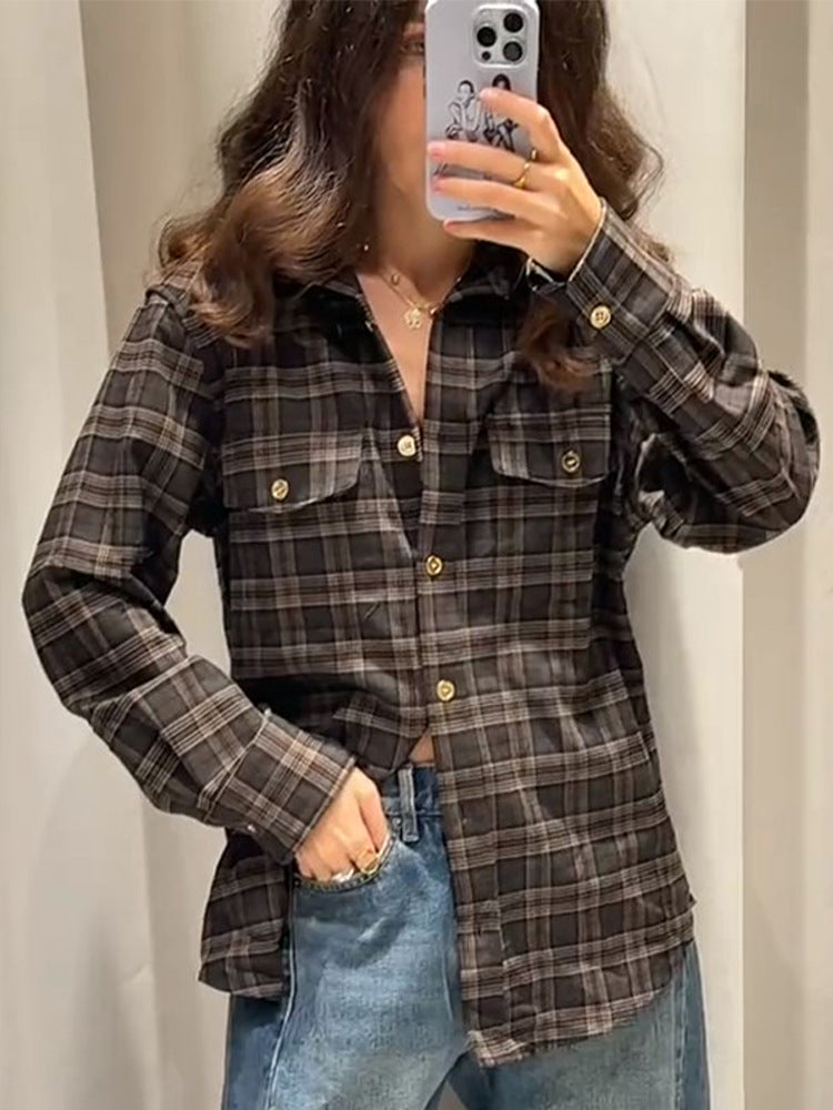 Damen Kariertes Overshirt mit Brusttaschen und goldenen Druckknöpfen Shop Nory