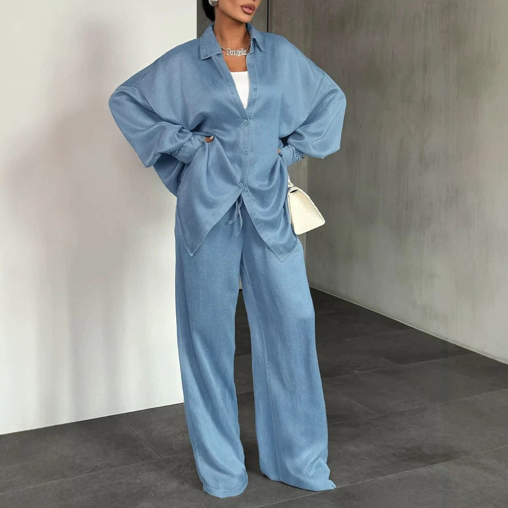 Damen Zweiteiliges Oversize-Hemd- und Palazzo-Set im fließenden Denim-Look Shop Nory
