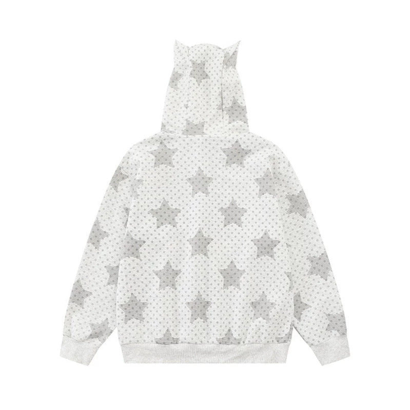 Damen Kapuzen‑Sweatjacke mit 3D‑Ohrenapplikationen, durchgehendem Reißverschluss und verspieltem Militär‑Illustrationsprint Shop Nory