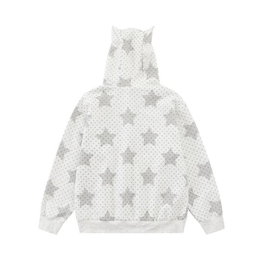Damen Kapuzen‑Sweatjacke mit 3D‑Ohrenapplikationen, durchgehendem Reißverschluss und verspieltem Militär‑Illustrationsprint Shop Nory