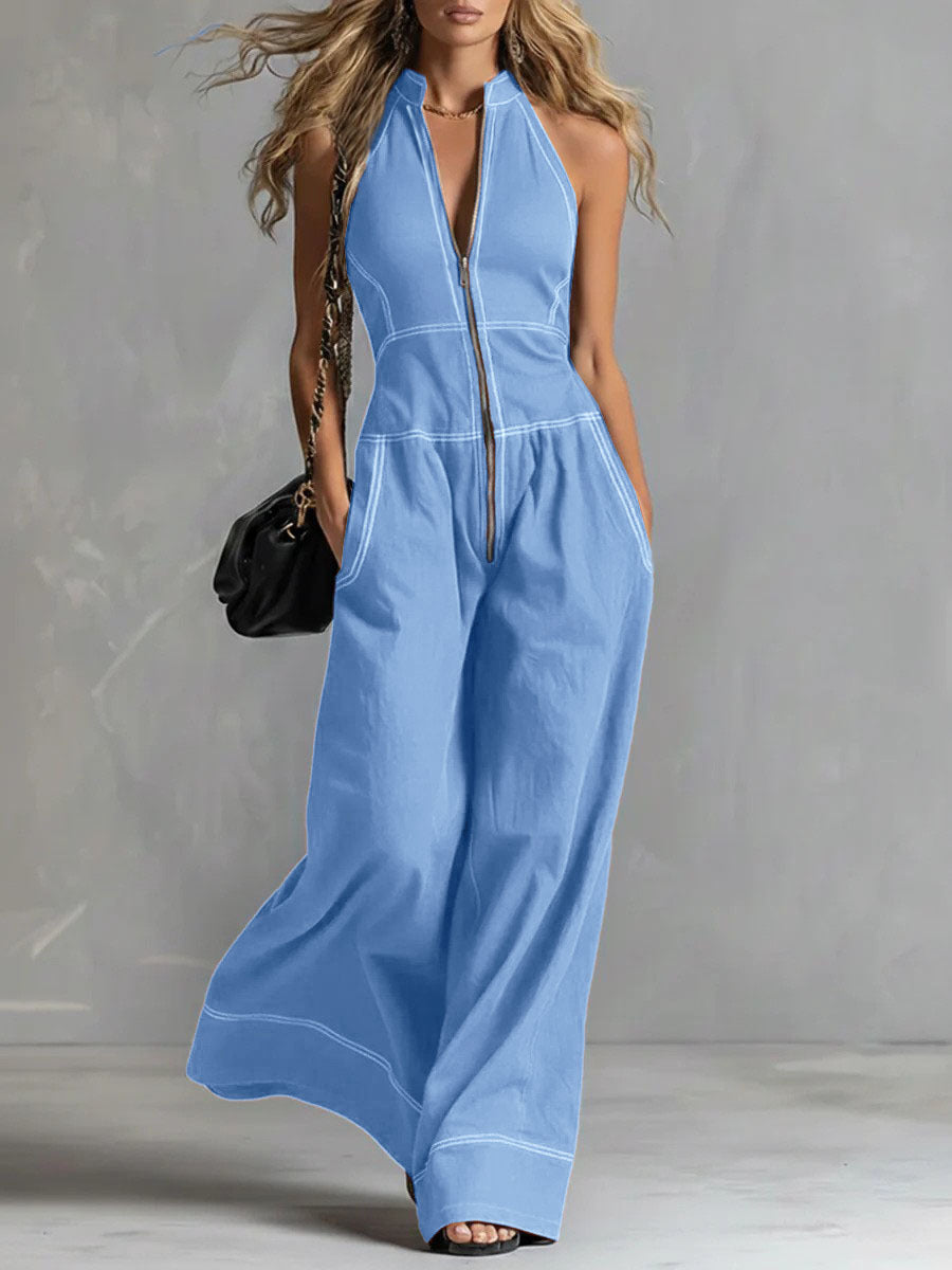 Damen Ärmelloser Halter-Jumpsuit mit Reißverschluss, weitem Bein und Eingrifftaschen Shop Nory